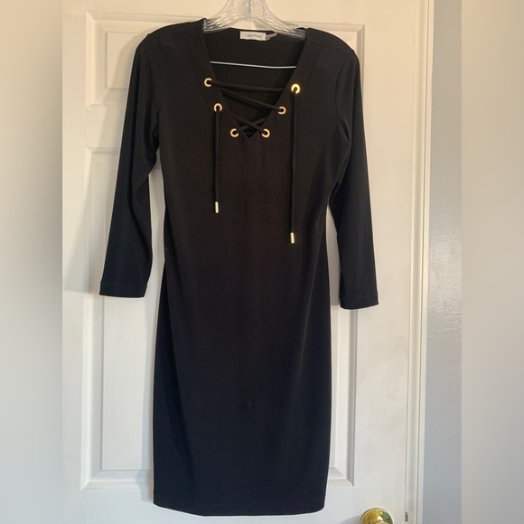 Calvin Klein Women’s Lace Up Neckline Shift Jersey Dress Size 4 Black - Picture 3 of 11